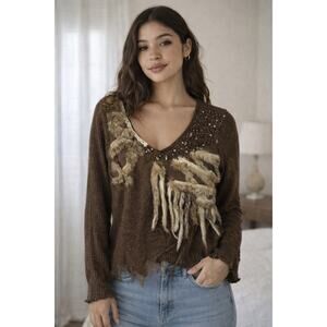 Radzoli Mixed Media Rabbit Fur Grunge Lagonlook Sweater Brown Size XL
